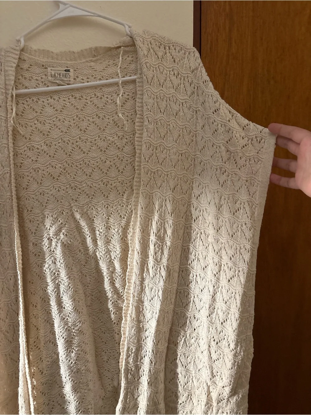 La Hearts Cream Open-Weave Fringe Cardigan
